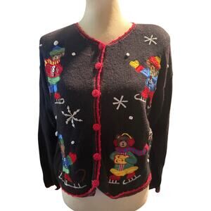 Nutcracker Vintage Christmas Bear Cardigan, Ice Skating Ugly Christmas Sweater